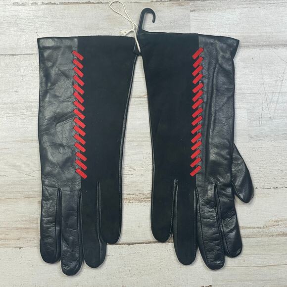 Leather Suede Black Red Whip Stitch Gloves SZ 8 A100959 - Picture 3 of 4